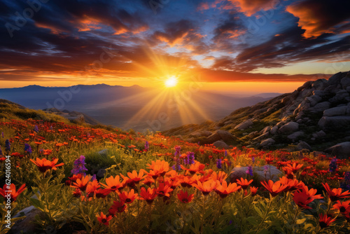 sunset in the mountains with flower fields
