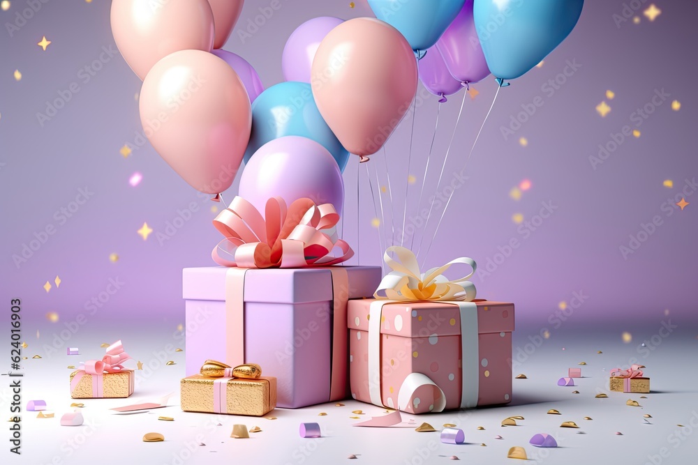 Gift boxes with balloons and confetti. 3D rendering. 3d render of ...