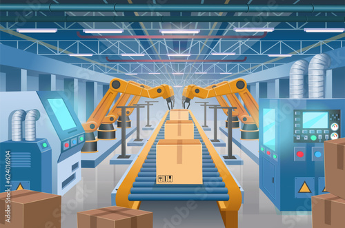 Conveyor belt with cardboard boxes at factory, plant or warehouse. Perspective view. Factories with machine tools and a conveyor. Industrial interior. Smart factory. Industry 4.0. Vector cartoon