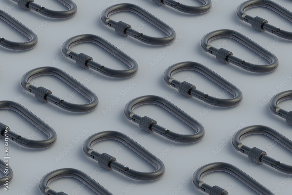 Rows of carbines. Carabines for mountaineering. Accessory for extreme sports. Work on high altitude. 3d render Rows of carbines. Carabines for mountaineering. Accessory for extreme sports. Work on high altitude. 3d render