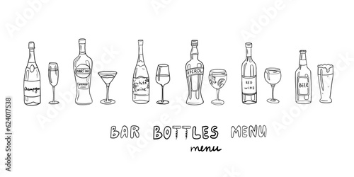 Vector set with alcoholic bottles, glasses and text hand drawn doodles. Champagne, beer, martini, wine, aperol.  Great for bar menu, restaurant menu, banner.Isolated on white.Vector illustration EPS10