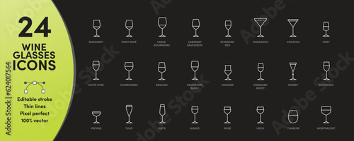 Wine Glass icons. 24 different wine glasses featuring thin lines with editable stroke