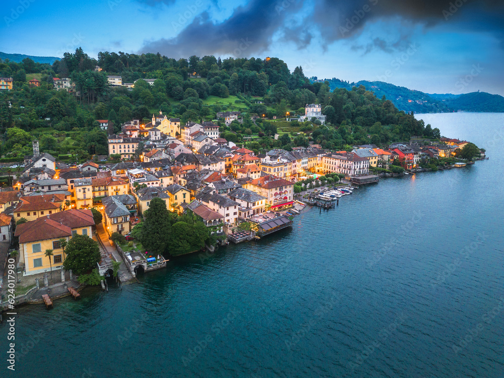 Aerial view of town of Orta San Giulio during dusk, Novara, Piedmont, Italy.