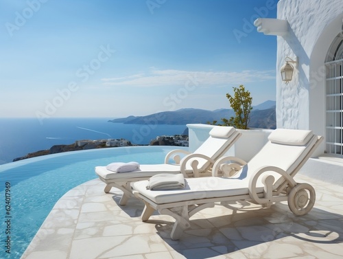 Two deck chairs on terrace with pool and stunning sea view generative ai © tanjidvect