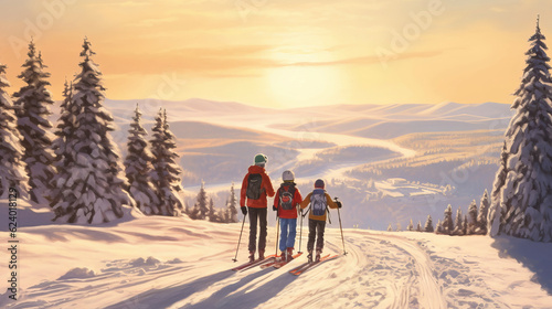 Skiing, family holidays in snow-capped mountains, winter resort on an alpine slope, recreational ski orienteering.