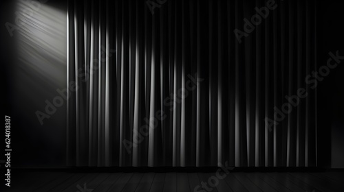 Elegant Room with Curtains in black Colors and Shadow of Windows. Studio Background for Product Presentation. 
