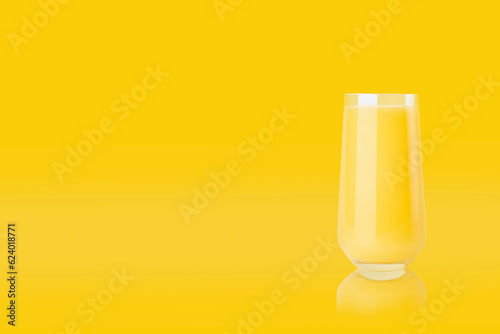 Yellow orange juice in glass with reflection on colorful yellow background, copy space. Fresh summer healthy citrus beverage for advertise, poster, card, design. photo