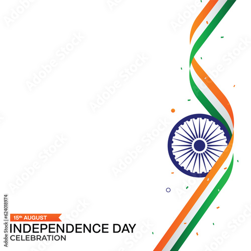 15 August India Happy Independence Day Poster Design with Copy Space, 3D Tri Color India Flag Ribbon Background Design, Holiday Design for Social Media Post. Vector Illustration