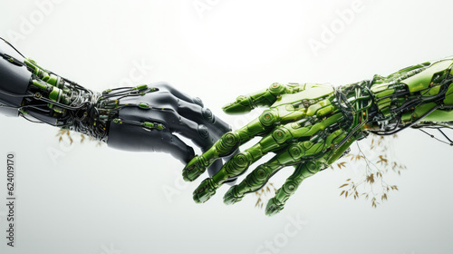Two green robotic hands, each adorned with leaves, connecting on a white backdrop, symbolizing the harmony of technology and nature, generated AI