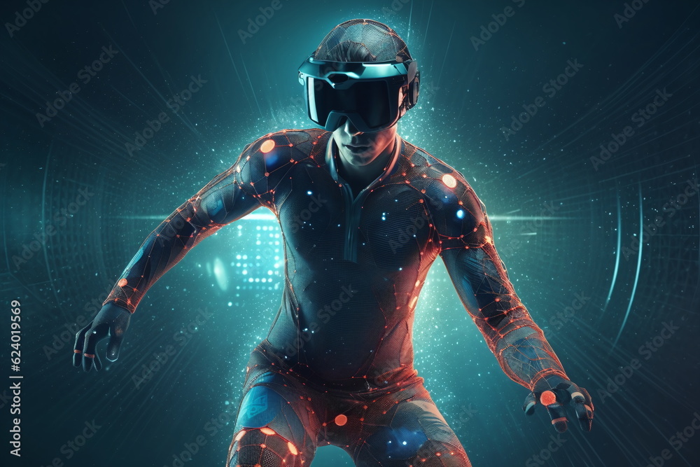 Mann in futuristischen Licht mit virtuelle Realitäts Brille, AI generiert Mann in futuristischen Licht mit virtuelle Realitäts Brille, AI generiert