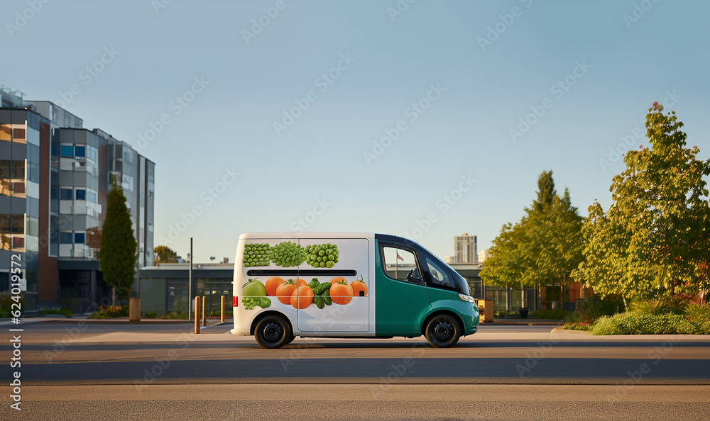 Fast delivery service car driving with order business background concept. Home delivery fresh vegetables in basket. food delivery service. woman accepting groceries box.