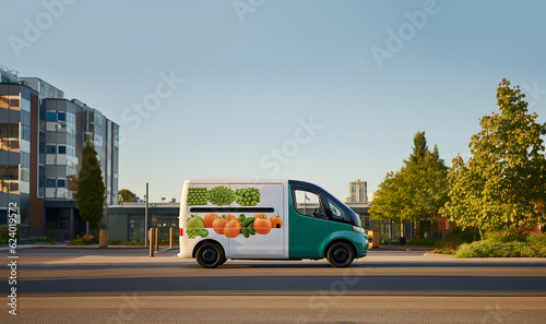Fast delivery service car driving with order business background concept. Home delivery fresh vegetables in basket. food delivery service. woman accepting groceries box.