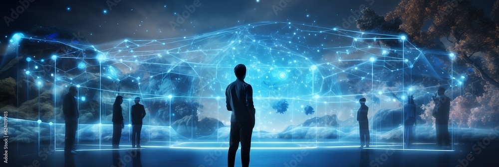 A man at a futuristic meeting looks at a telepathic cloud created by artificial intelligence. Generative AI A man at a futuristic meeting looks at a telepathic cloud created by artificial intelligence. Generative AI