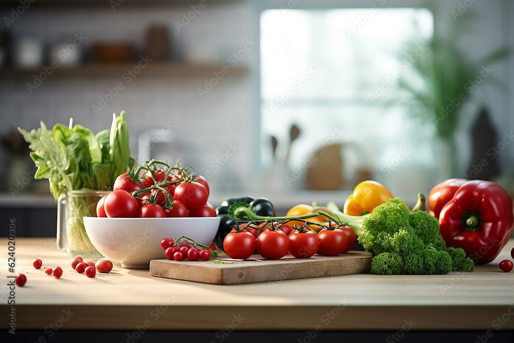 vegetables tomatos, brocoli, peppers on kitchen table Generative AI vegetables tomatos, brocoli, peppers on kitchen table Generative AI