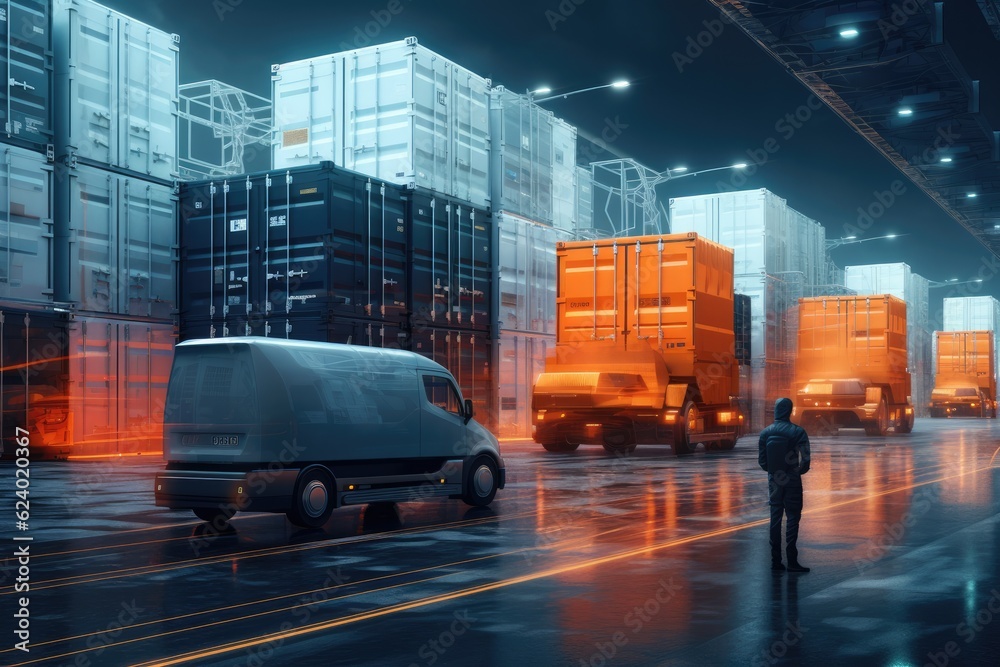 A businessman looking at the virtual interface panel of the global logistics network for distribution and transportation, Smart Logistics. Generative AI