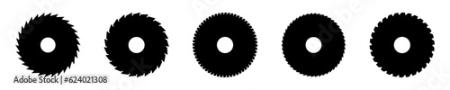 Set of circular saw vector icons. Black silhouette with metal saw disk with blade. Cutting metal or wood.