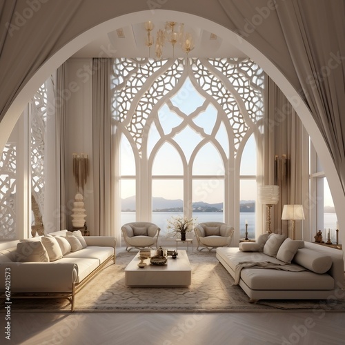 Luxury eastern interior design of modern living room with carved furniture and arched windows generative ai