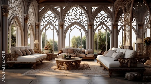 Luxury eastern interior design of modern living room with carved furniture and arched windows generative ai