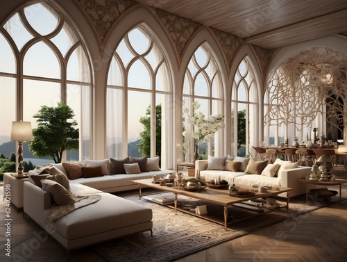 Luxury eastern interior design of modern living room with carved furniture and arched windows generative ai © tanjidvect