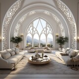 Luxury eastern interior design of modern living room with carved furniture and arched windows generative ai