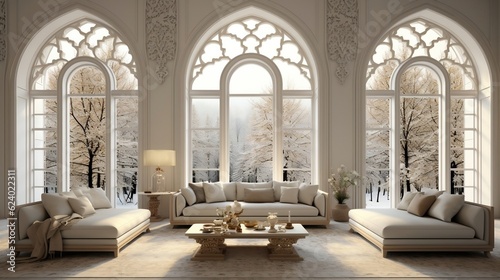 Luxury eastern interior design of modern living room with carved furniture and arched windows generative ai