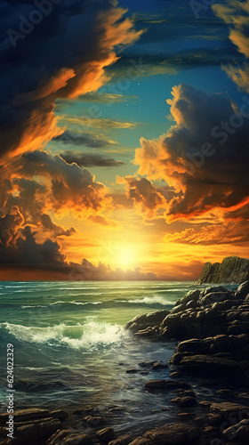 Sunset over the turbulent sea. Waves crashing onto rocky shore. Dark clouds gather on the sides, highlighted by last rays of sun. Vertical illustration, Generative AI