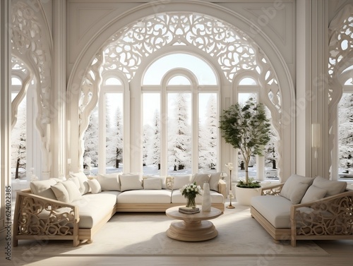 Luxury eastern interior design of modern living room with carved furniture and arched windows generative ai © tanjidvect