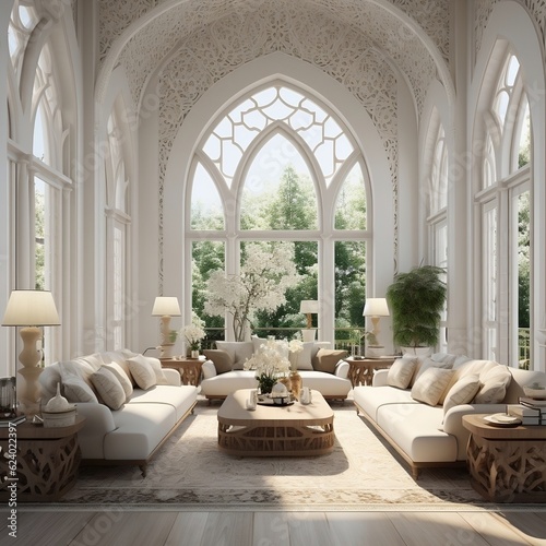 Luxury eastern interior design of modern living room with carved furniture and arched windows generative ai