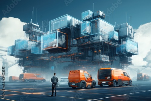 A businessman looking at the virtual interface panel of the global logistics network for distribution and transportation, Smart Logistics. Generative AI