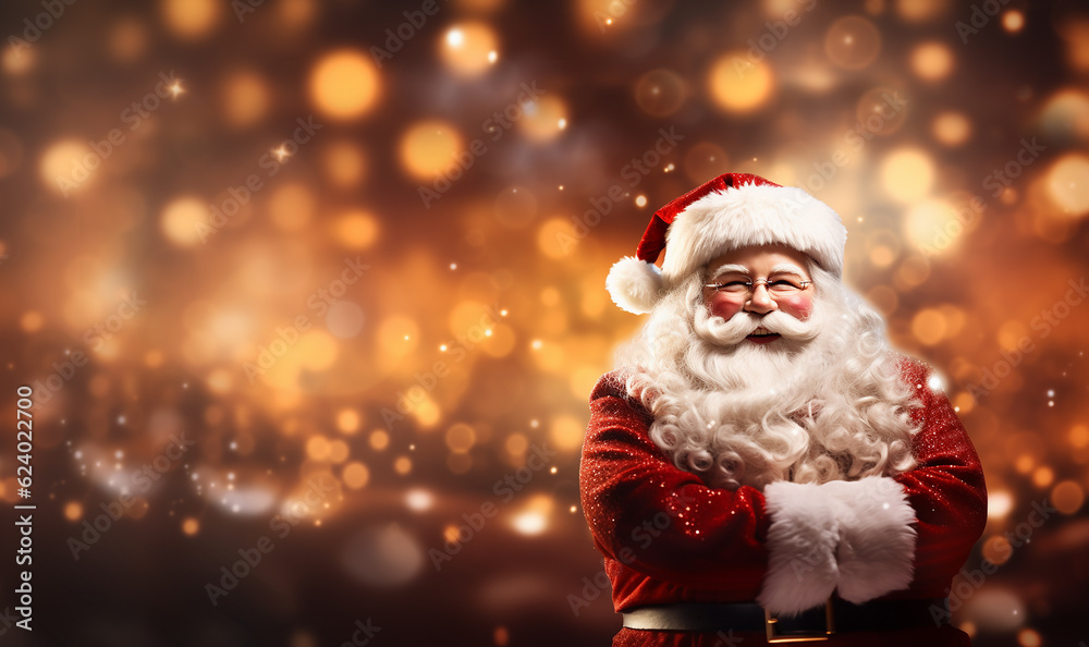 Happy smiling Santa Claus with colorful Christmas sparkling bokeh background, Festive and shiny Holiday design. Merry Christmas concept with copy space Happy smiling Santa Claus with colorful Christmas sparkling bokeh background, Festive and shiny Holiday design. Merry Christmas concept with copy space