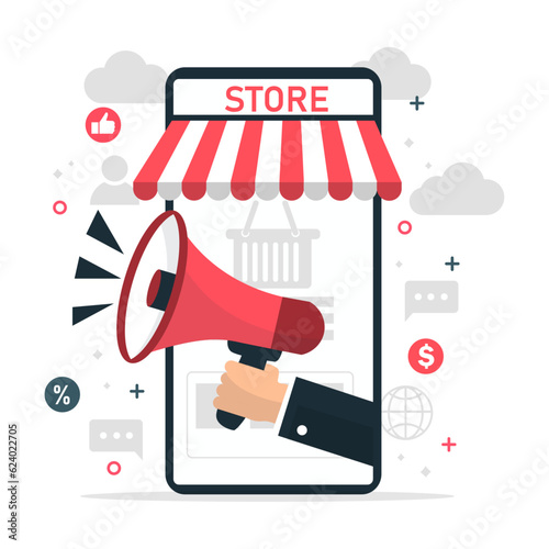 online shopping marketing on smartphone. business man is holding a megaphone on mobile phone of front of shop store. e-commerce  concept background. vector illustration modern flat design.
