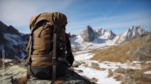 Tourist backpack isolate, mountain peaks background, outdoor activities. AI generated.