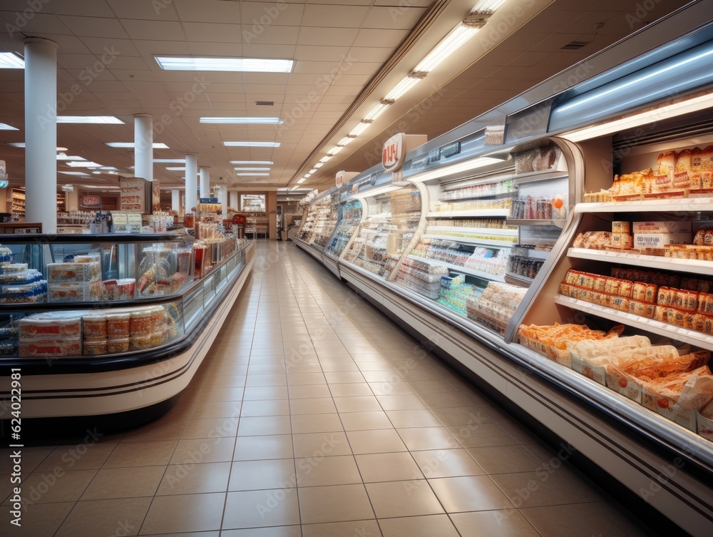 Supermarket store interior with shelves and display cabinet glass, a long corridor along the way, and light bulbs on the ceiling. Generative AI