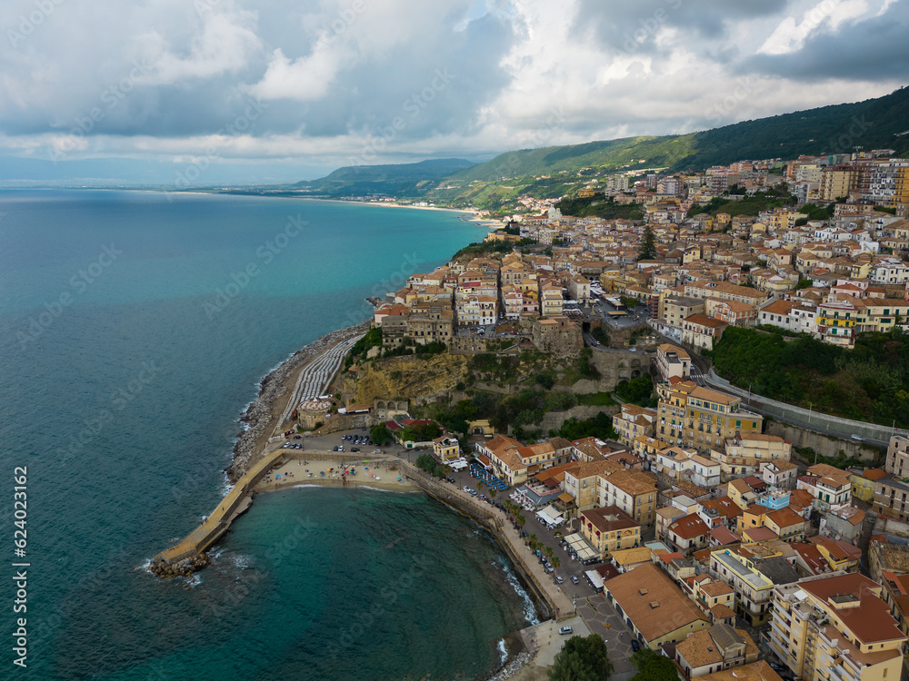 aerial view from the drone of Pizzo Calabro, a town on the coast of the Gods in the province of Vibo Valetia in Calabria. The town is famous for truffles and ice cream in general
