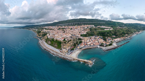 aerial view from the drone of Pizzo Calabro, a town on the coast of the Gods in the province of Vibo Valetia in Calabria. The town is famous for truffles and ice cream in general