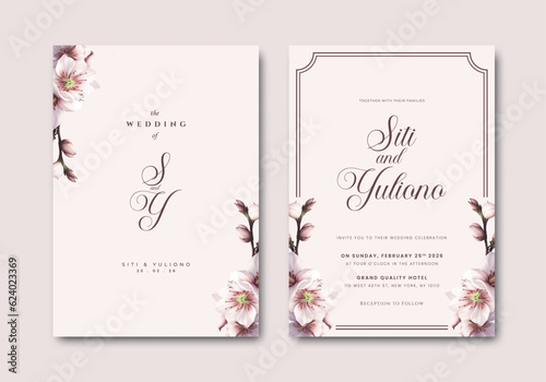 beautiful wedding invitation card template with flower illustration watercolor premium vector