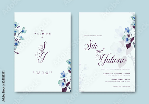 beautiful wedding invitation card template with flower illustration watercolor premium vector