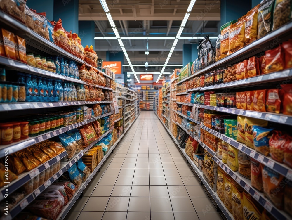 an inside of a supermarket with a snack display rack, a long corridor, and light bulbs on the ceiling. Generative AI