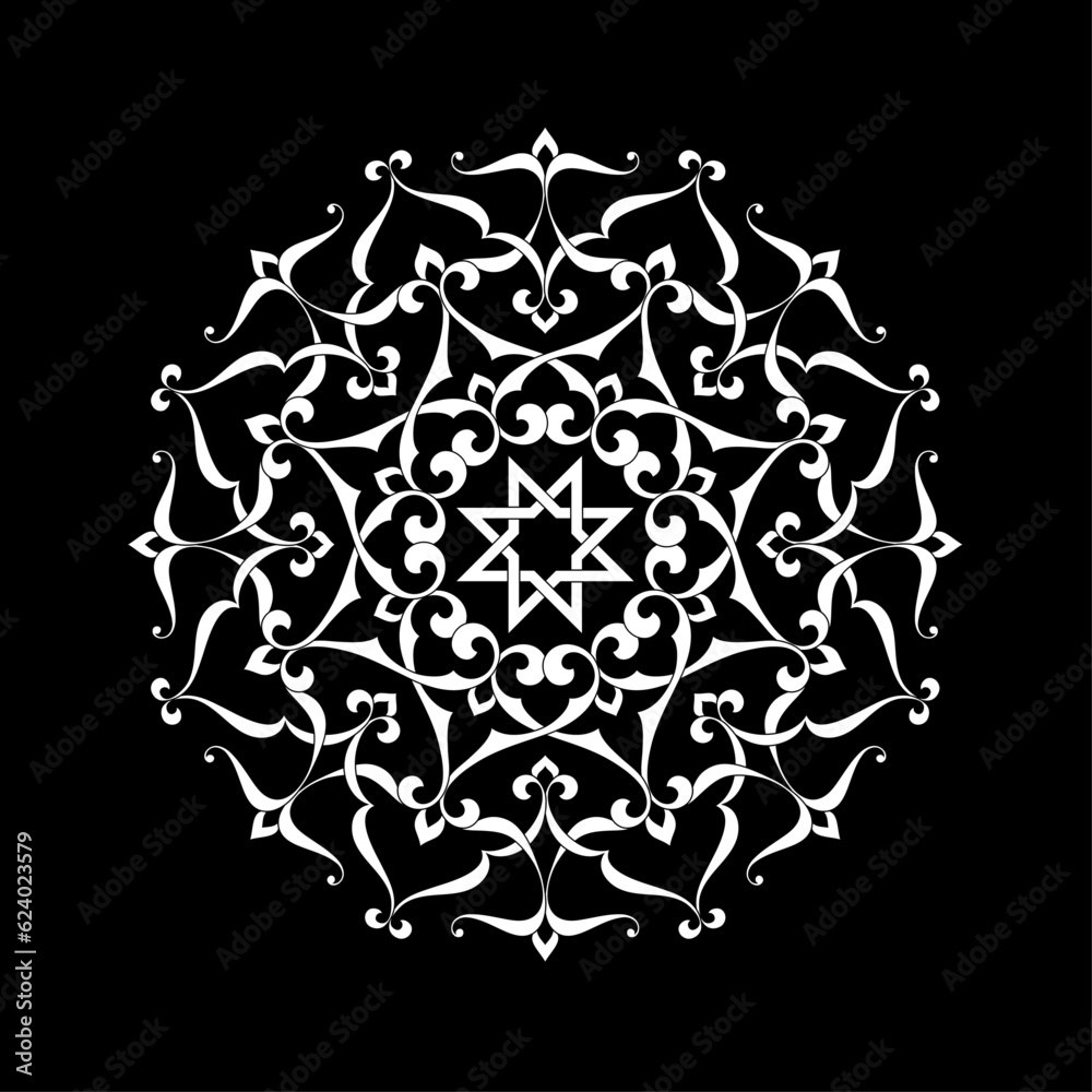 Circular abstract floral pattern. Mandala. Round vector ornament with intertwined branches, flowers  and curls on dark background. Arabesque.