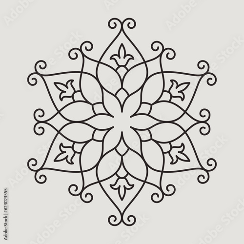 Six pointed circular pattern. Mandala. Round linear vector ornament on gray background.