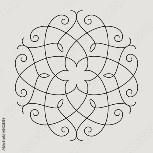 Six pointed circular pattern. Mandala. Round linear vector ornament on light background.