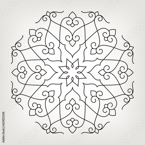 Eight pointed circular pattern. Mandala. Round linear vector ornament on gray  background.