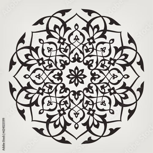 Eight pointed circular pattern. Mandala. Round linear vector ornament on gray background.