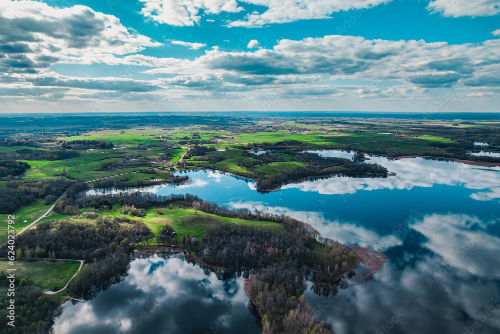 aerial view of lake and forests in Europe