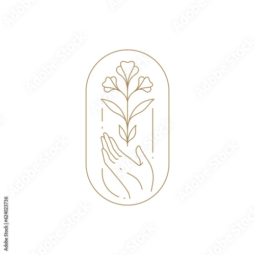 Human hand holding romantic narcissus circled golden border monochrome line icon vector illustration