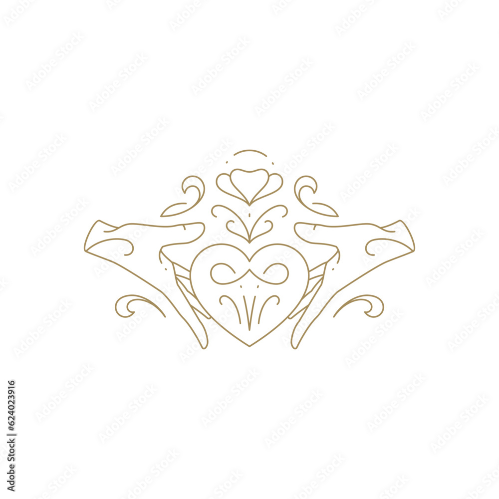 Antique human hands holding elegant heart shape spring blossom flower monochrome line icon vector
