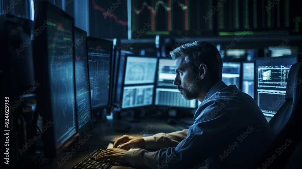 Stock Market, Money, Portrait of a Man in front of Computers. AI Generative