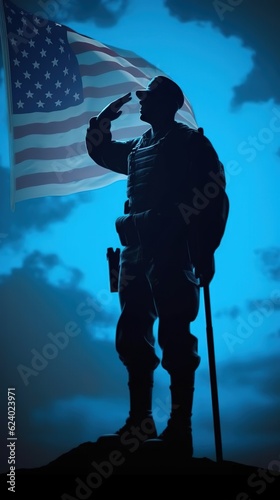 A silhouette of a soldier saluting the flag Generative AI