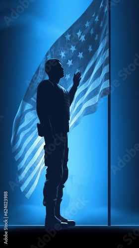 A silhouette of a soldier saluting the flag Generative AI