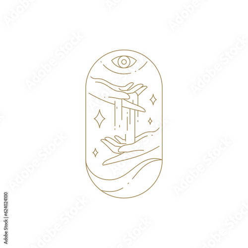 Esoteric human hands pouring pure water with magic all seeing eye and stars circle line icon vector